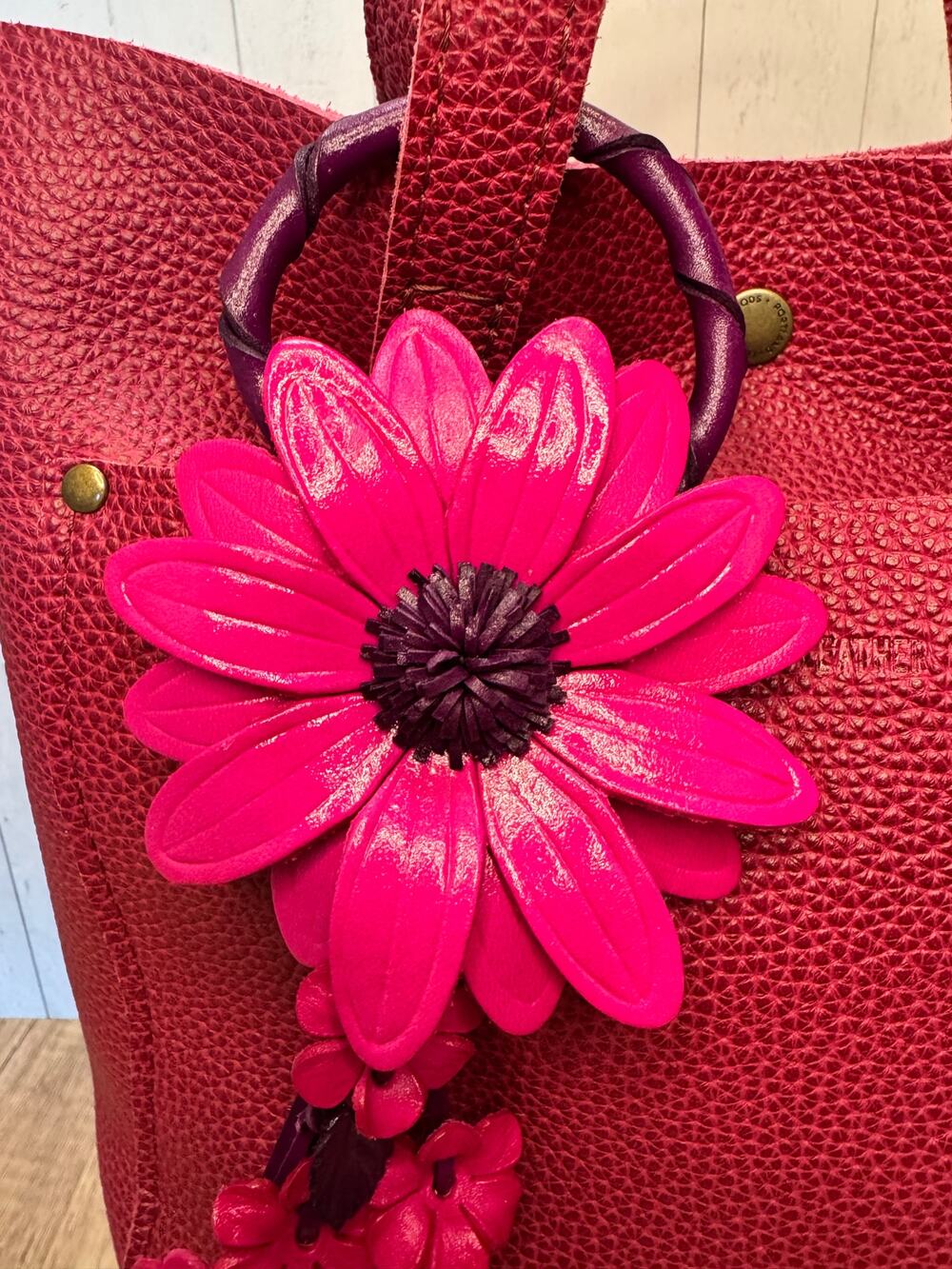 Leather Hot Pink Rose Purse Charm Genuine Leather Gerbera Daisy Flower Bag Charm